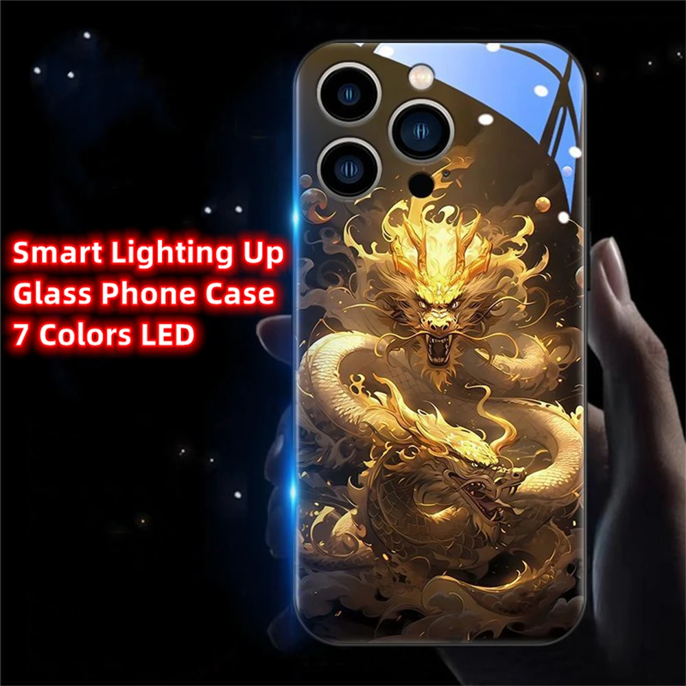 

Golden Dragon Roars Sound Music Control Led Light Phone Case Glowing Cover For iPhone 16 E 15 14 13 12 11 Pro Max XR Plus SE