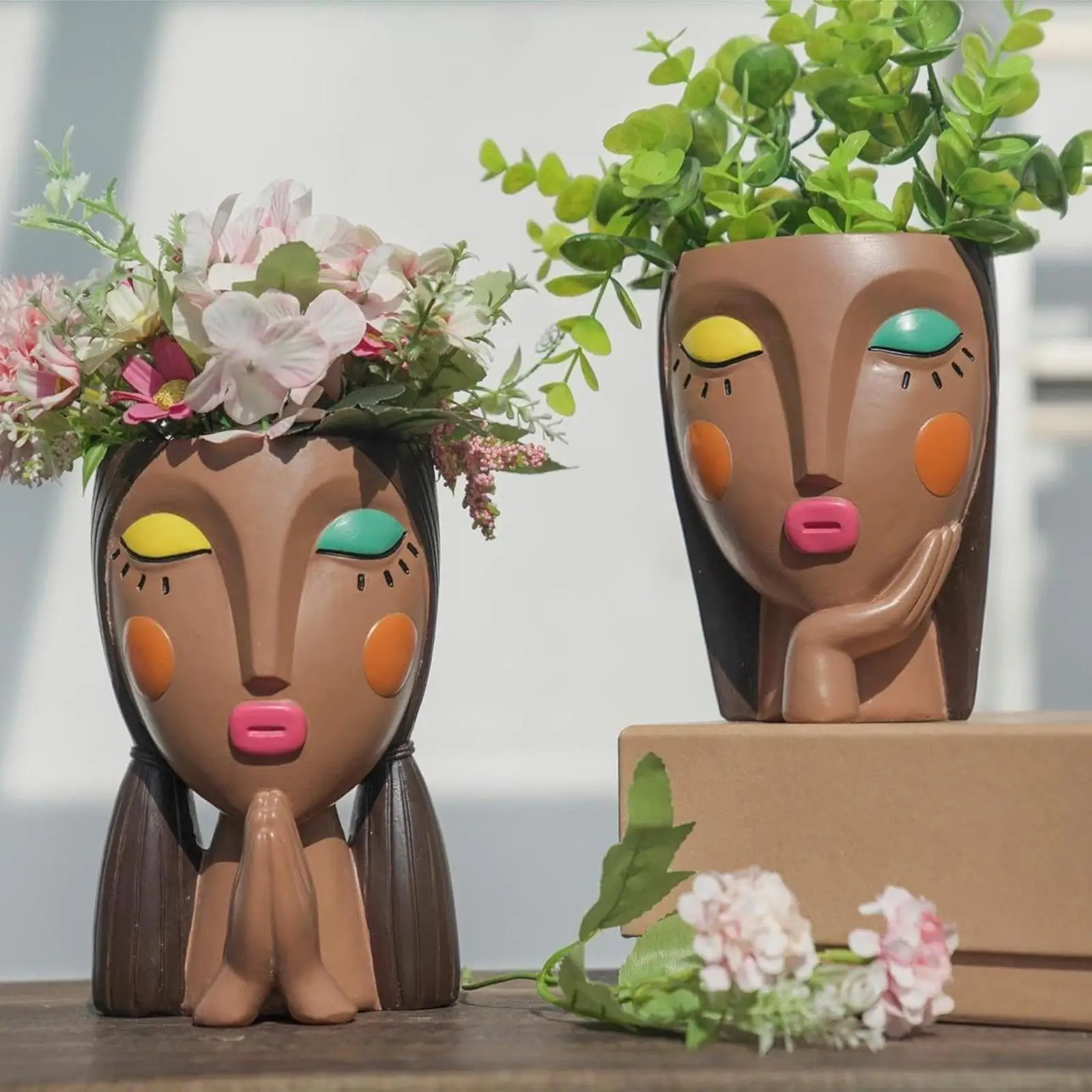 Head Planter with Drainage Hole Face Flower Pot for Bookshelf Office Bedroom
