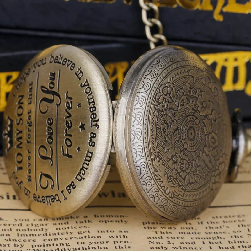 Steampunk خمر البرونزية ساعة جيب كوارتز ساعة نسائية الخصر سلسلة قلادة قلادة ساعة "إلى ابني" الحب هدية الرجال هدية