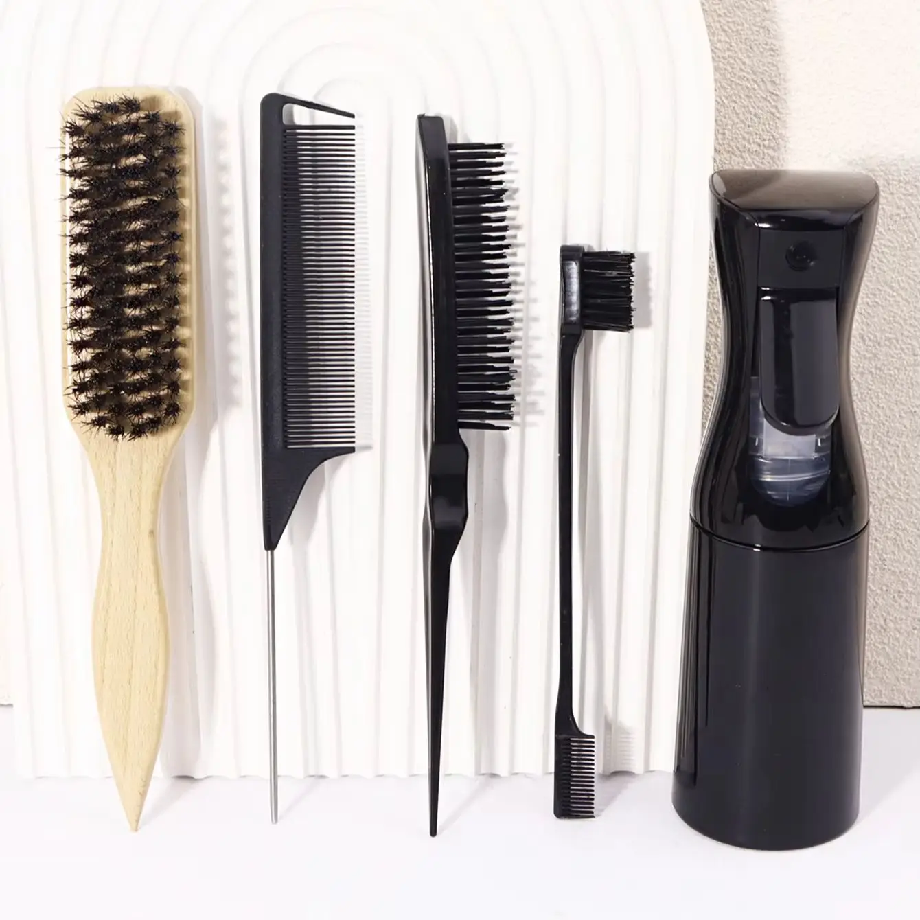 مجموعة وعاء رش فرشاة الشعر مكونة من 5 قطع، فرشاة شعر، زجاجة رذاذ، مشط ذيل الفئران، فرشاة نايلون، فرشاة حافة، خاصة للشعر المستعار الحقيقي