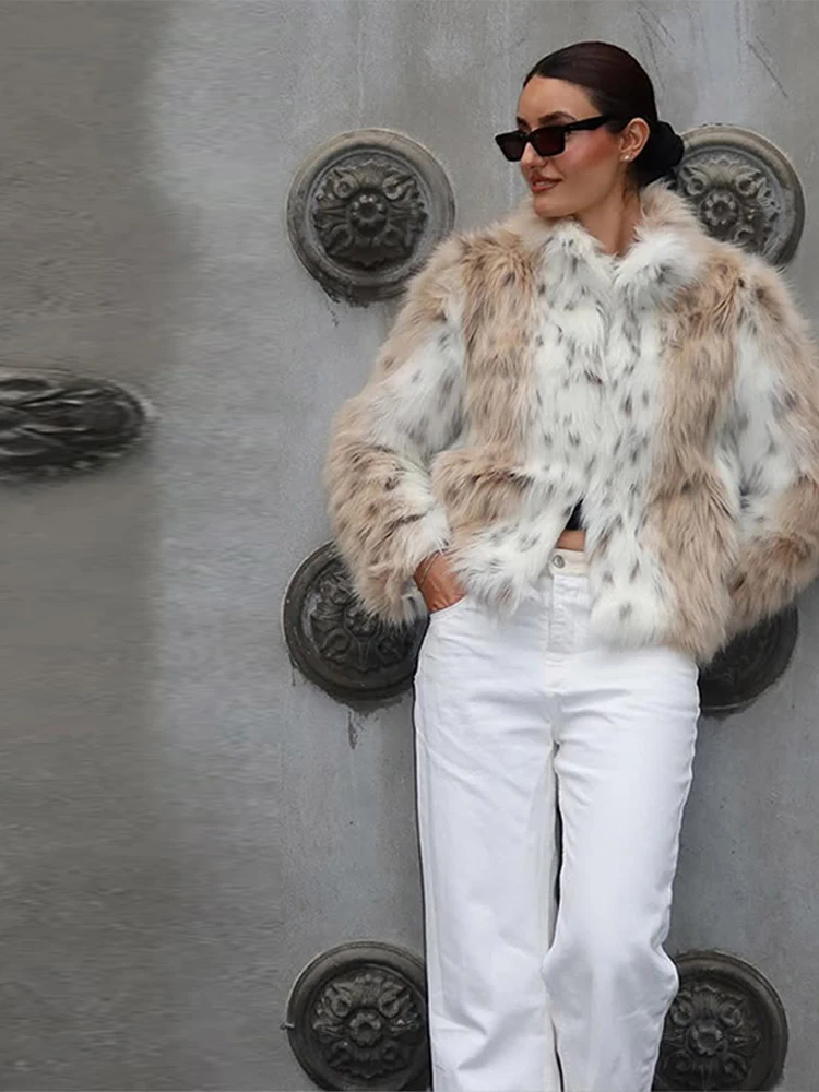 Elegant Print Women's Faux Fur Coat Chic Long Sleeve Warm Fluffy Plush Jacket New Autumn Winter Ladies Thick Outerwear 2025