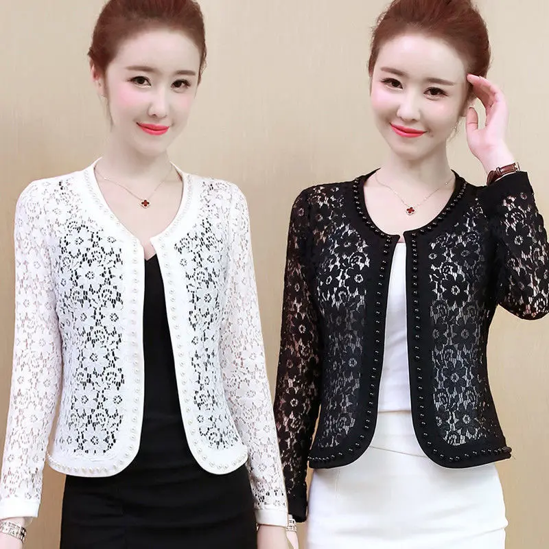 Women's Lace Top Sun Protection Short Jacket Spring and Summer Lace Cardigan Korean Thin Plus Size Bead Hollow Out Small Shawl