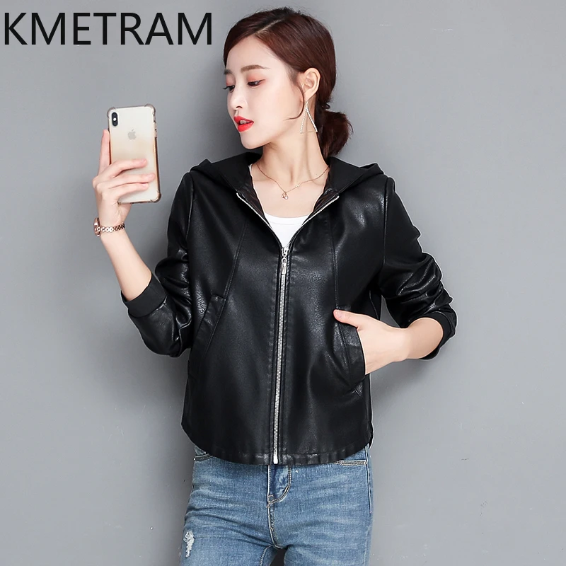  KMETRAM Genuine Sheepskin Leather Jacket Women Spring Autumn Short Women's Clothing Korean Hooded Womens Coat Chamarra Mujer