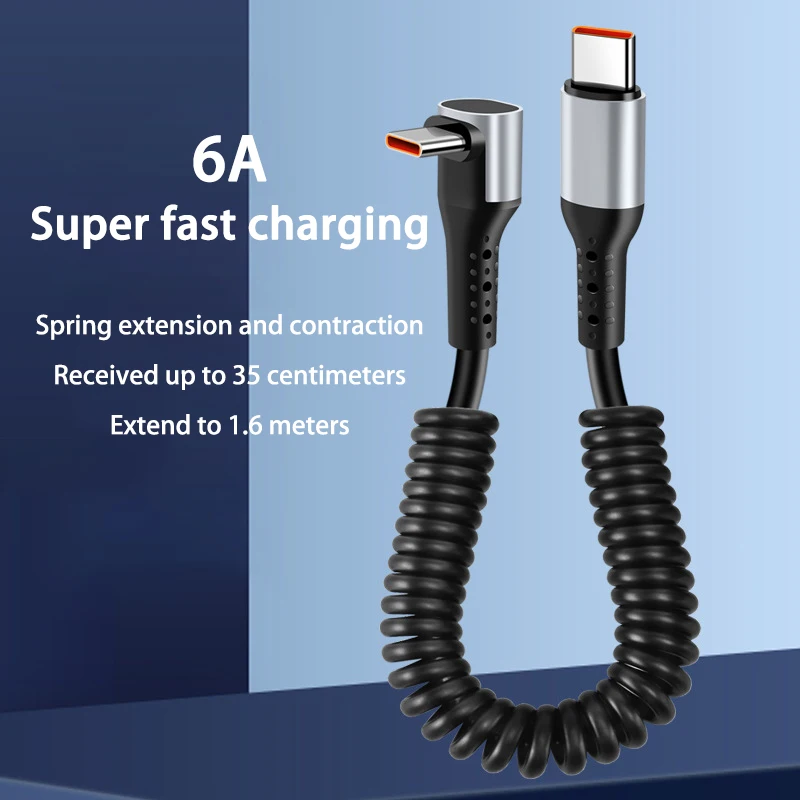 

66W 90 Degree Spring USB Type C Mobile Phone Cable 6A Fast Charging Type-C Cord for Samsung Xiaomi Game Car Phone Charging Cable