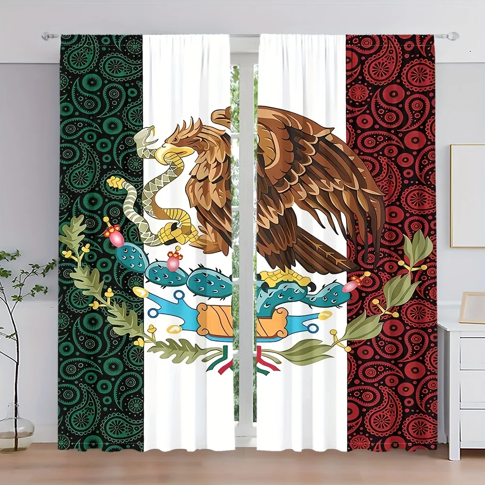2pcs Mexican Flag Eagle Cactus Curtains, Bohemian Pattern Semi-Sheer Polyester Rod Pocket for Multi-Room Decor