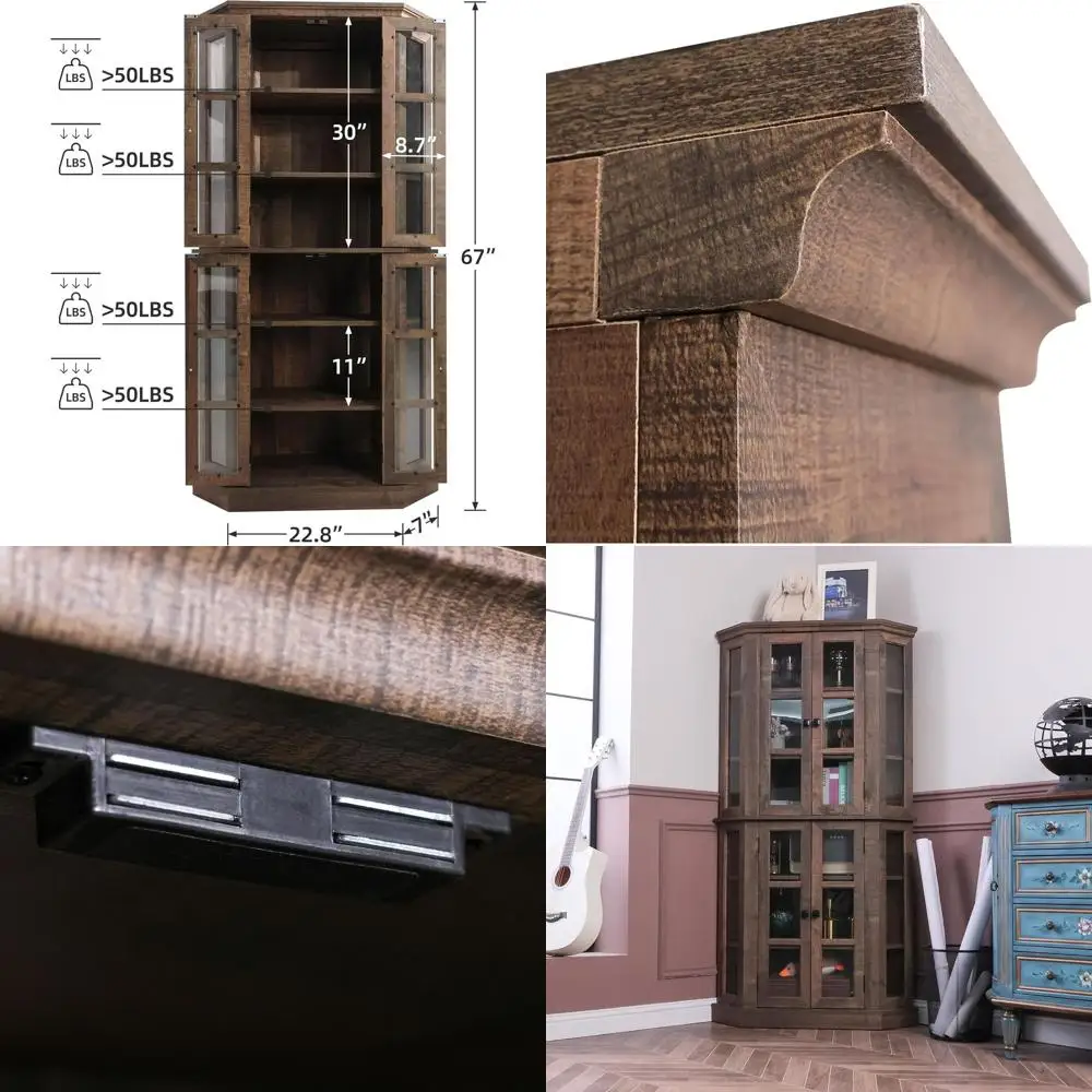 

67-дюймовый угловой витринный шкаф с стеклянными дверцами, 6-ярусный высокий деревянный шкаф для гостиной, столовой, домашнего бара, идеально подходит для