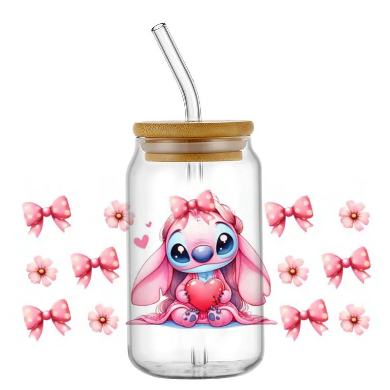 Miniso Pink Stitch 3D UV DTF Cup Wrap for 16oz Libbey Glasses DIY Cartoon Decal Mug Washable Self-adhesive Transfer Sticker