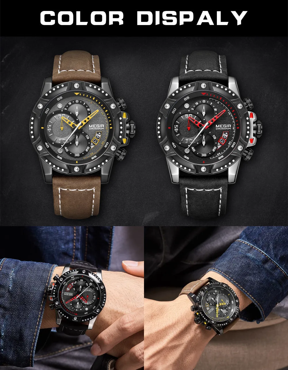 MEGIR Reloj Hombre Fashion Mens Watch Chronograph Leather Belt Casual Quartz Wristwatch Waterproof Male Sport Clock Montre Homme