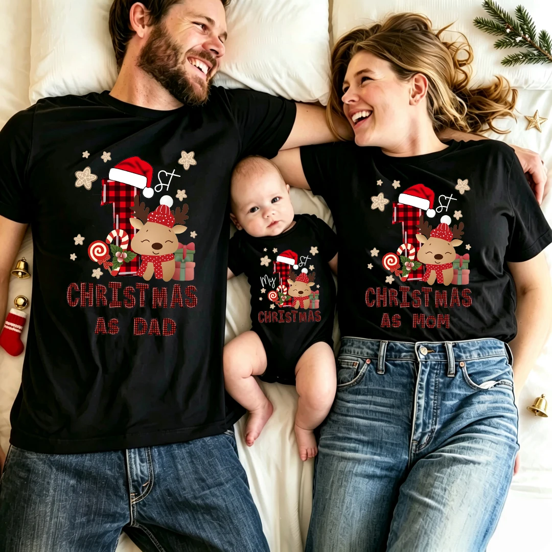 First Christmas As Dad Mom Baby Family Matching Outfits Reindeer Santa Hat Print Daddy Mommy and Me T-Shirts Family Xmas Look