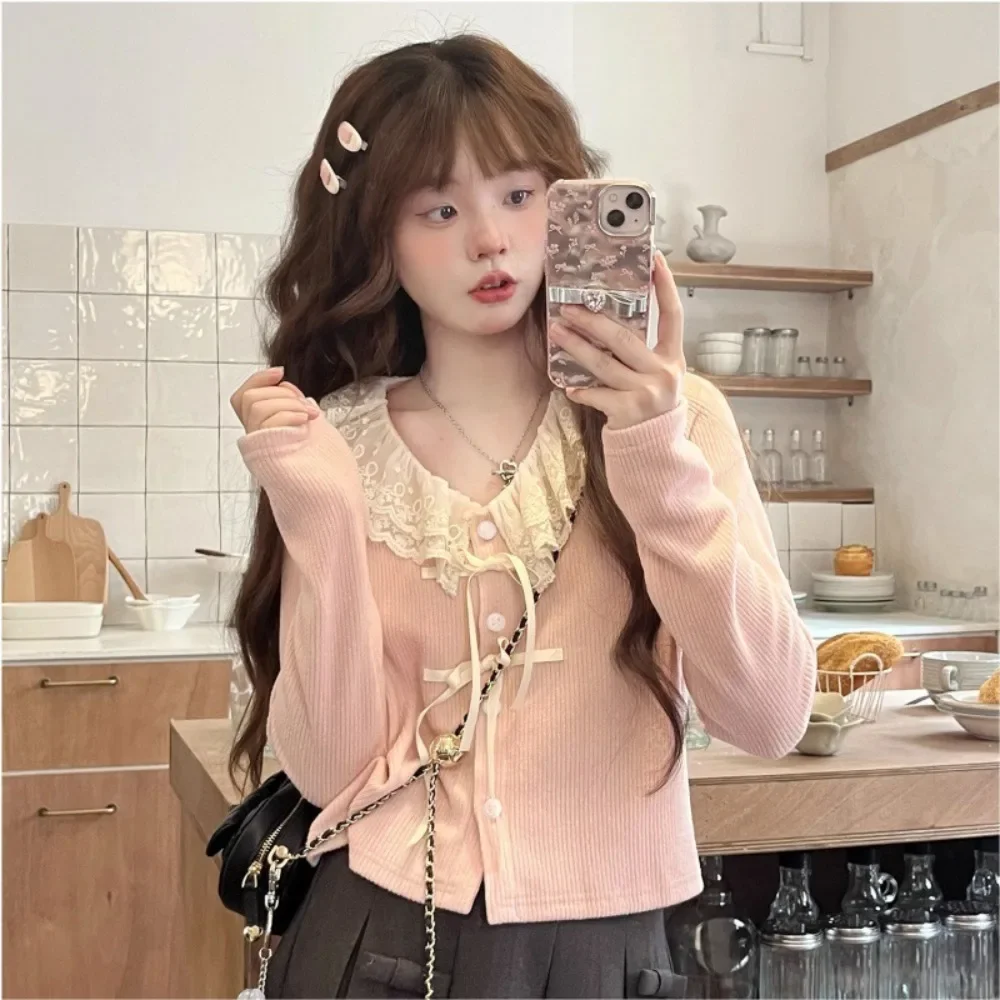 Two Colors Lace Cardigans Women Spring Sweet Kawaii Long Sleeve Gentle Korean Girlish Fashion Женская Одежда New Arrival Chic