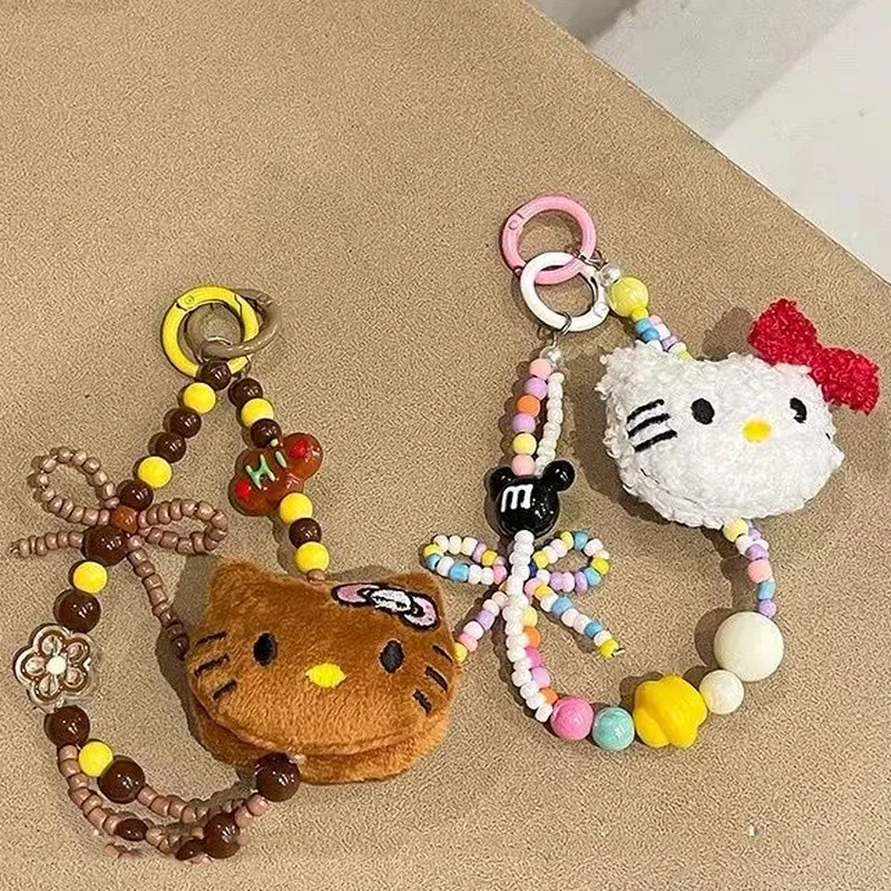 Sanrio Hello Kitty Colorful Beaded Keychain Kawaii Cartoon Plush Phone Strap Wrist Strap Backpack Pendant Decoration Girl Gifts