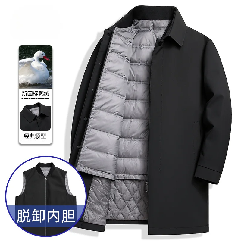 Mid-Length Trench Down Jacket Men 90% White Duck Down Business Casual Winter Coat With Detachable Liner 2 In 1 Outerwear JK-182