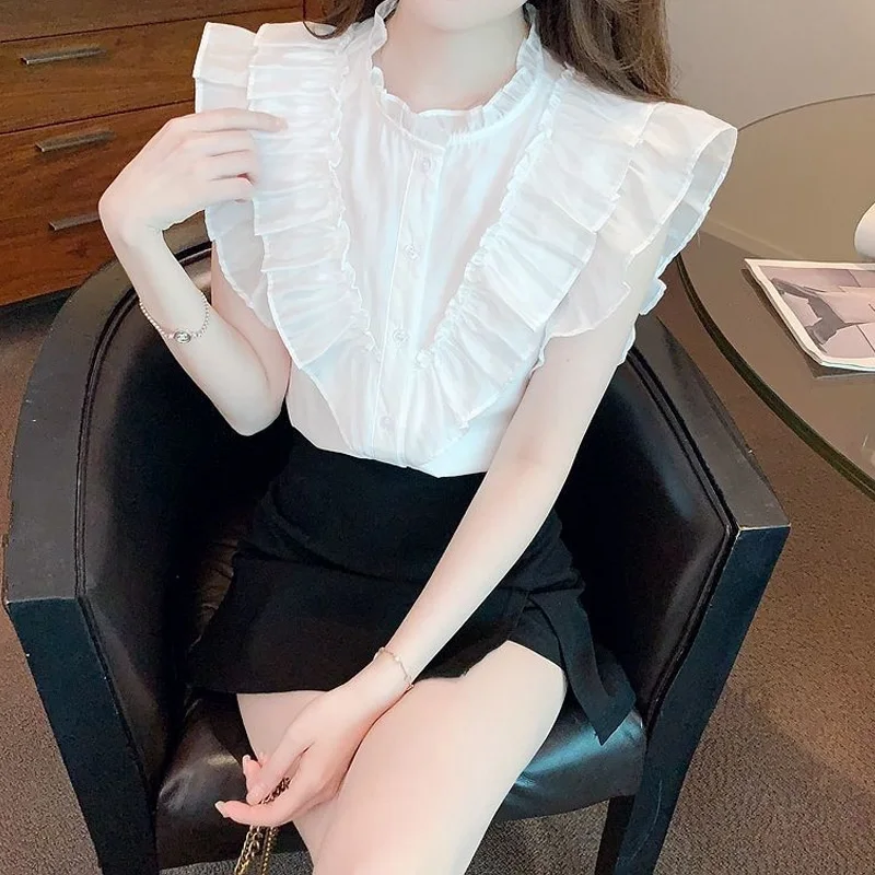 Sleeveless Shirt Tops for Women New Summer Chiffon Thin Solid Color Pleated All-match Loose Sweet Blouse Fashion Sweet Clothing