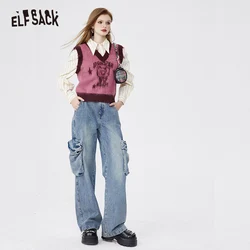 ELFSACK Fake-Two Pieces Sweater Vest With Shirt Women Jacquard Shirt 2024 Spring Women Tops Preppy Style