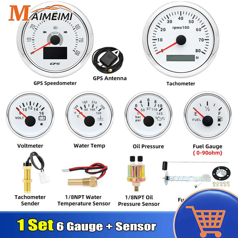 

6 Gauge Set with Senders 85mm GPS Speedometer 80MPH 120MPH Tachometer Water Temp Oil Pressure Fuel Voltmeter Gauge for Boat Car