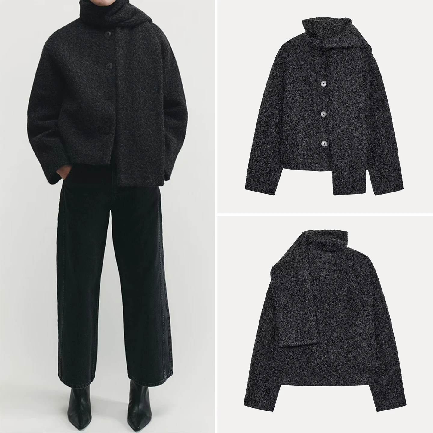 

Женское твидовое пальто Z с круглым вырезом и шарфом в комплекте, осенняя новинка, элегантное, 100% другой материал