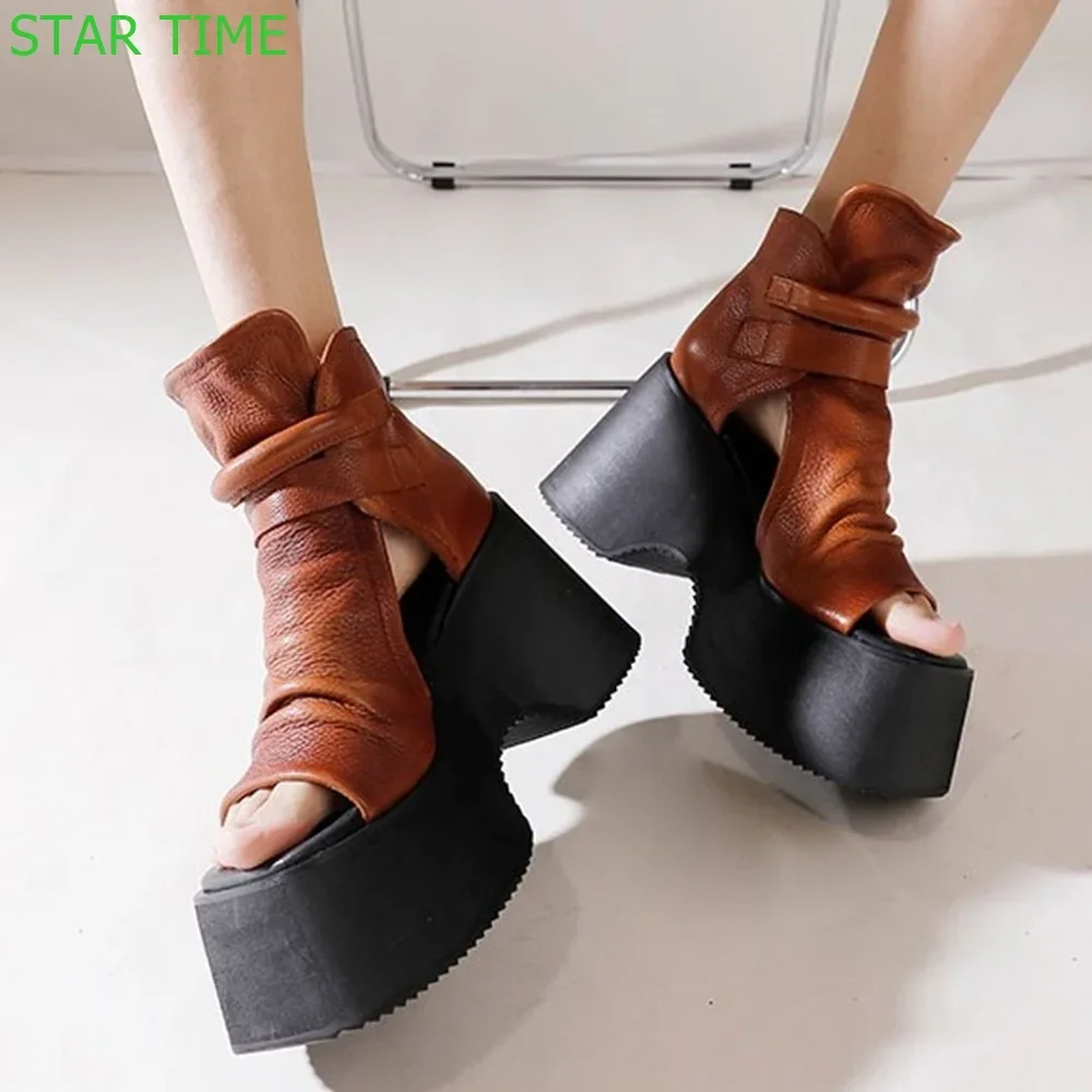 

Platform Leather Retro Summer Short Boots 2025 Spring New Wedge Heel Peep Toe Sandals Black/brown Casual Women Boots