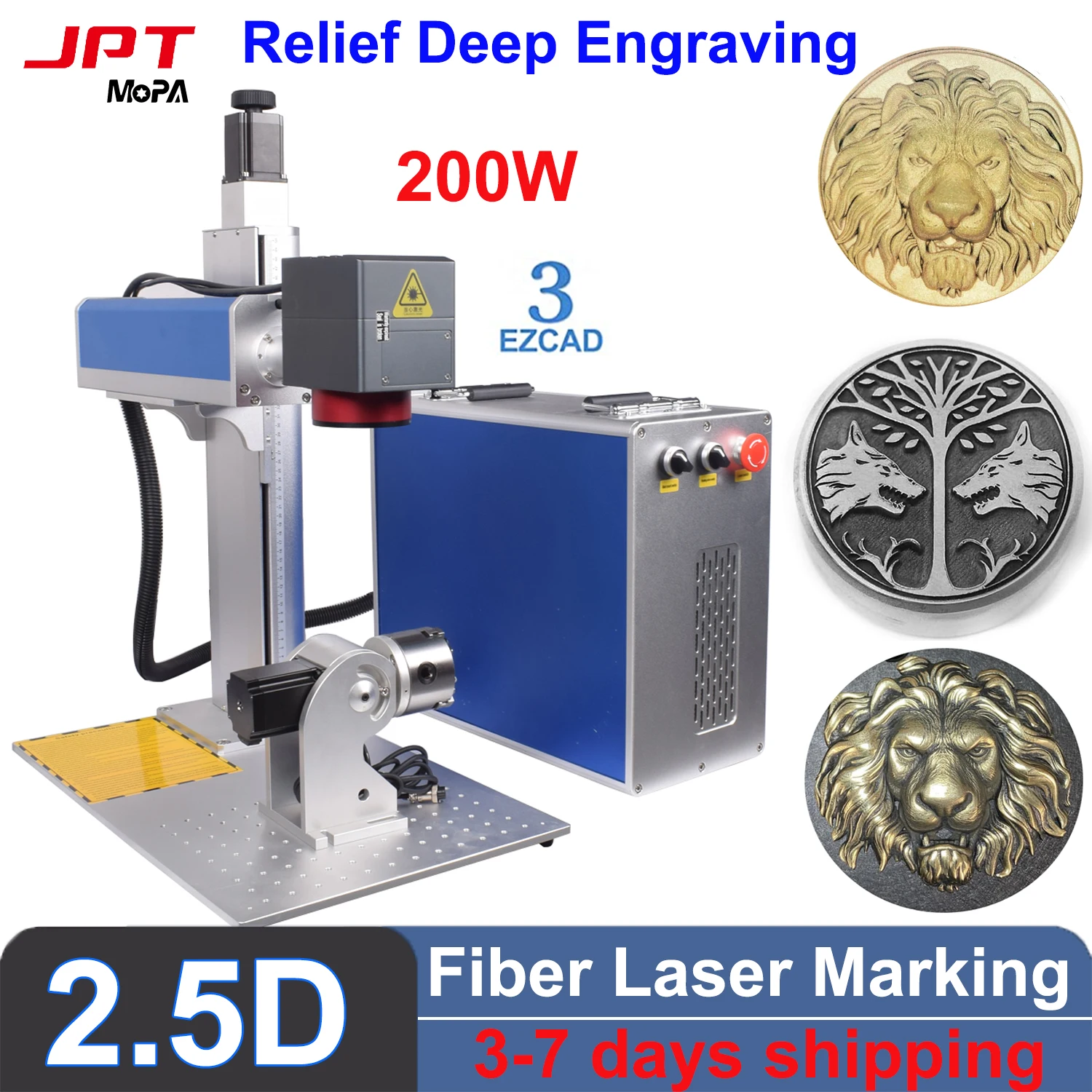 2.5D JPT Mopa Fiber Laser Marking Machine 200W 3D Laser Deep Engraving Machine Ezcad3 Fiber Laser Cutting 3D Relief Effects