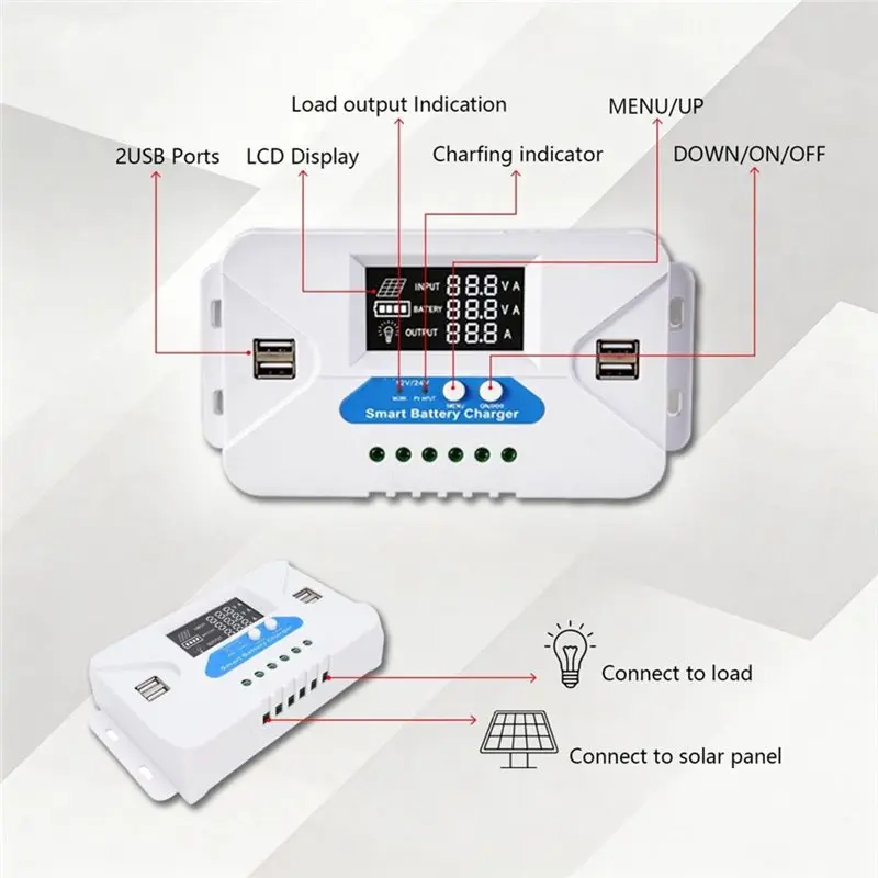 ABWZ-Solar Charge Controller 20A For 12V/24V Lithium Lifepo4 PWM Regulator With 4 USB Ports LCD Display Automotive Battery