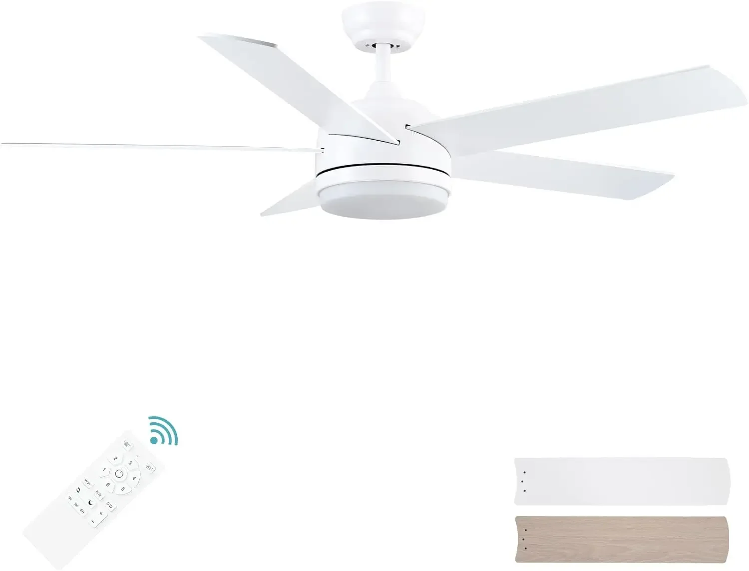 52 inch White Ceiling Fan with Lights and Remote Control,Dimmable 3 Color temperatures LED,6 Speed Reversible DC Motor,5 Blades