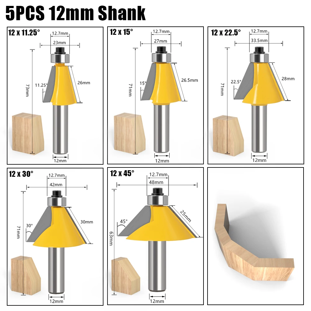 1pc 6mm 8mm 12mm 1/4′′ 1/2′′ Shank High Quality Large 11.25，15，22.5，30，45 Degree Chamfer & Bevel Edging Router Bit Wood