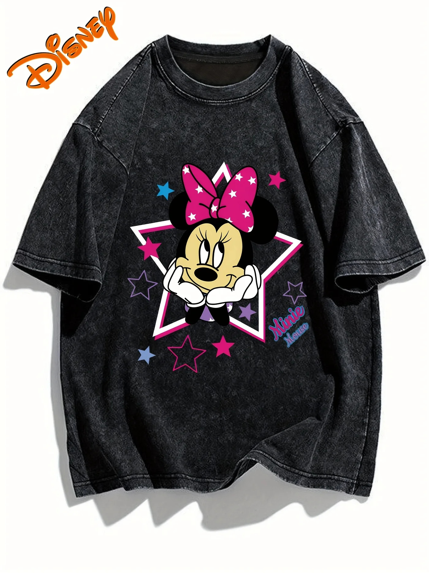 

Disney Fashion Women's Loose Crew Neck Short Sleeve Shirt with Cartoon-Themed Print and Wash Finish