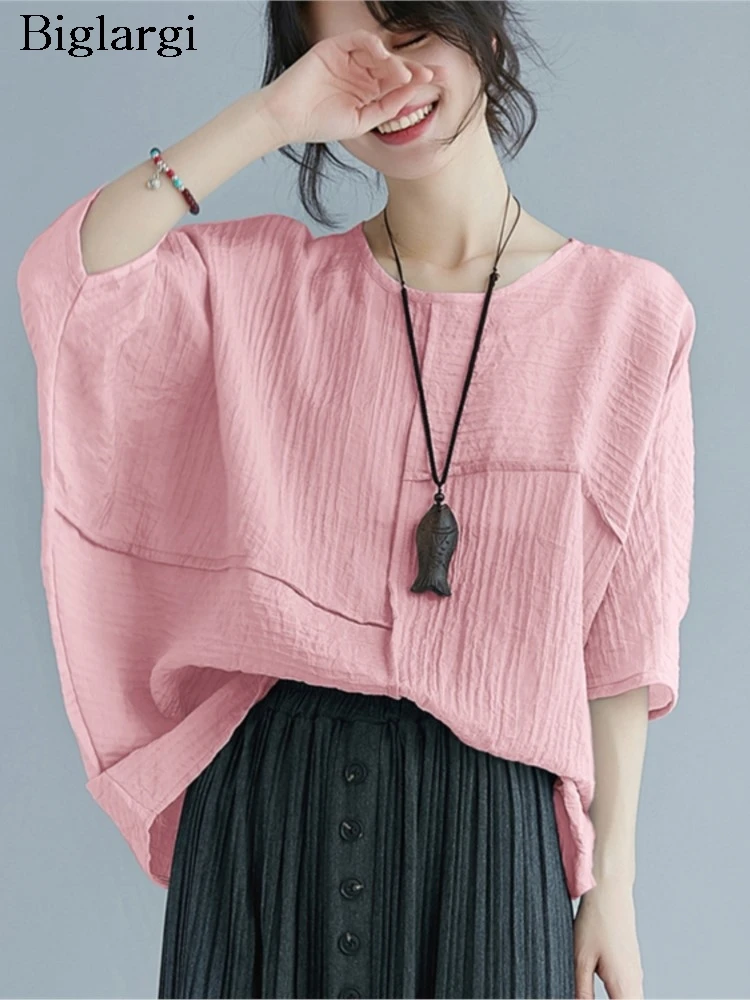 

Oversized Summer Pink Pullover T-Shirt Tops Women Loose Pleated Modis Irregular Patchwork Ladies Blouses Short Sleeve Woman Tops