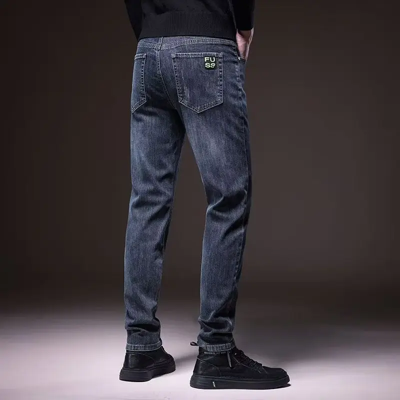 

Мужские облегающие прямые джинсы, весенне-осенние повседневные эластичные свободные модные брендовые джинсы, брюки для мальчиков, хлопковые эластичные джинсы