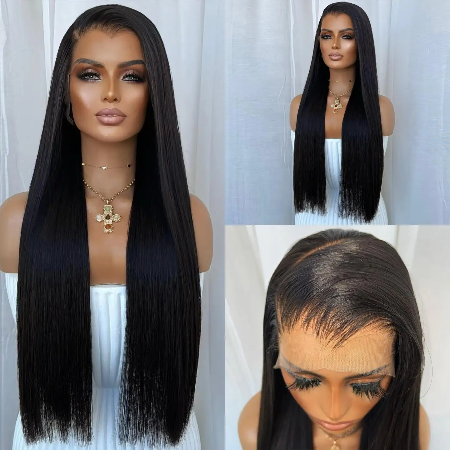 Black Long Straight Synthetic Lace Frontal Wigs Pre Plucked Natural Hairline Free Part Daily Party Cosplay Wigs Costume Woman