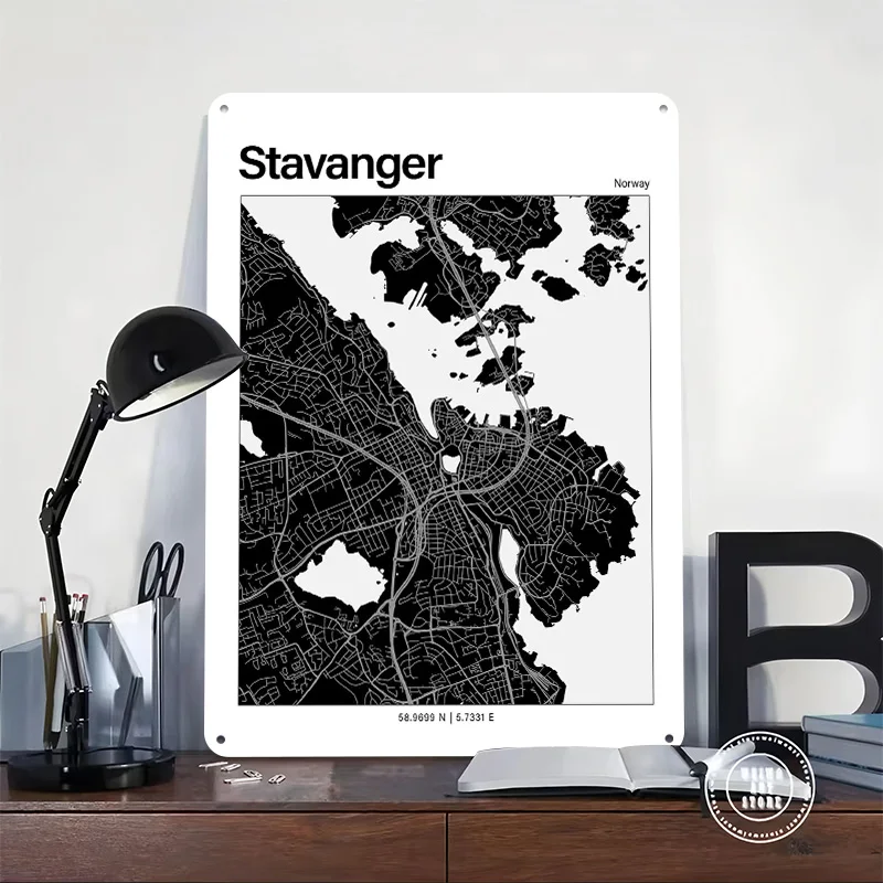 Stavanger Black and White Map Poster Customized Vintage Metal Signs Wall Art Retro Tin Plaque for Home Decor Accessories House