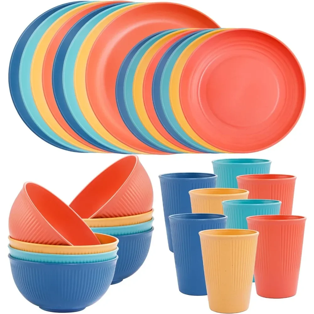 

32pcs Wheat Straw Dinnerware Set for 8, Wheat Straw Plates and Bowls Set,Reusable Plastic Plates，Kids Dinnerware Set