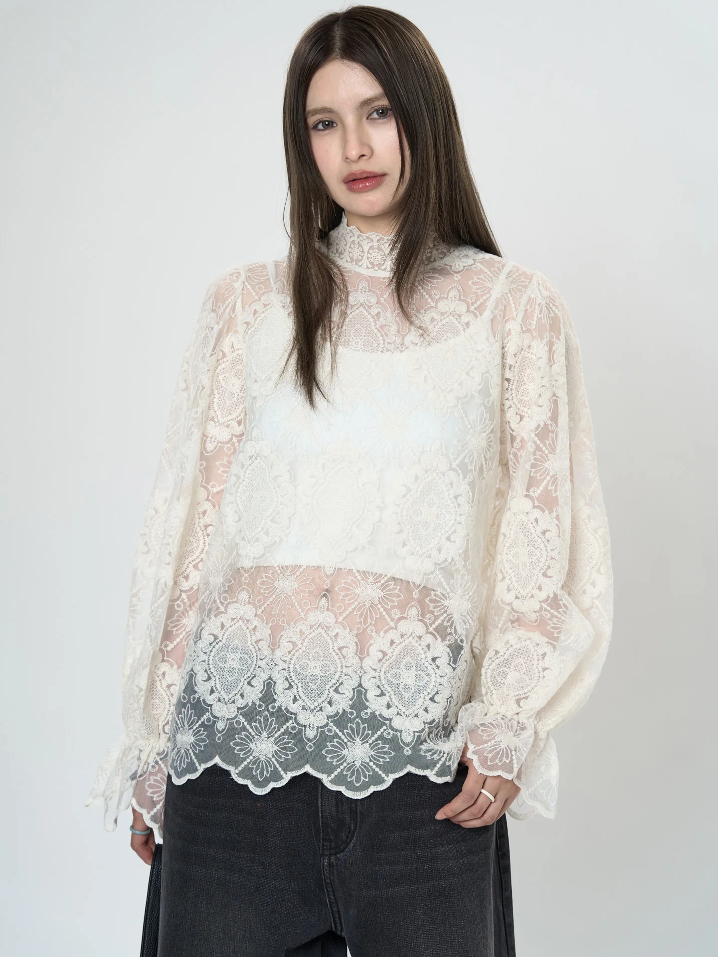 Spring women's casual solid color high neck long sleeved see through embroidered decorative shirt