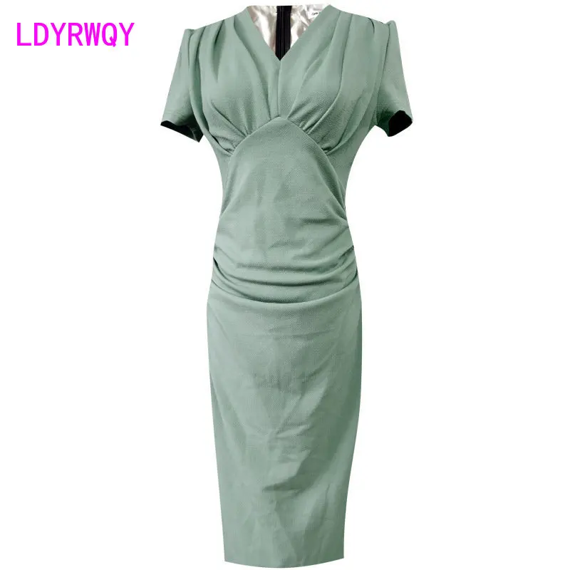 French high-end temperament V-neck women's skirt Summer new short sleeve waist fitting dress