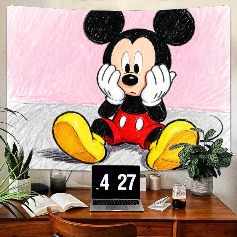 

1PC Disney Mickey Mouse Pink Kawaii Sketch Tapestry Modern Polyester Wall Art Living Room Bedroom Decor Gift for Fans