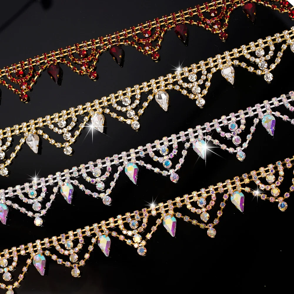 

New Gorgeous Crystal Tassel Pendant Trim Shining Rhinestone Retro Chain Geometric Wave Design Sewing Women'sTop Collar Skirt DIY