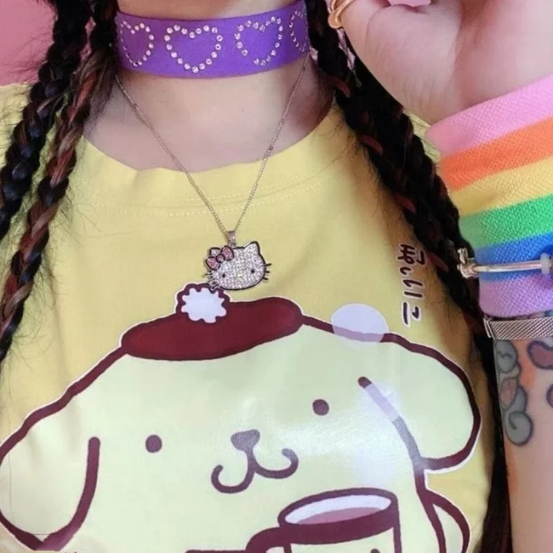 헬로 키티 산리오 목걸이, 체인 합금 실버 크리스탈, 여성 매력 라인스톤 고스 펜던트, 주얼리, 발렌타인 데이 선물