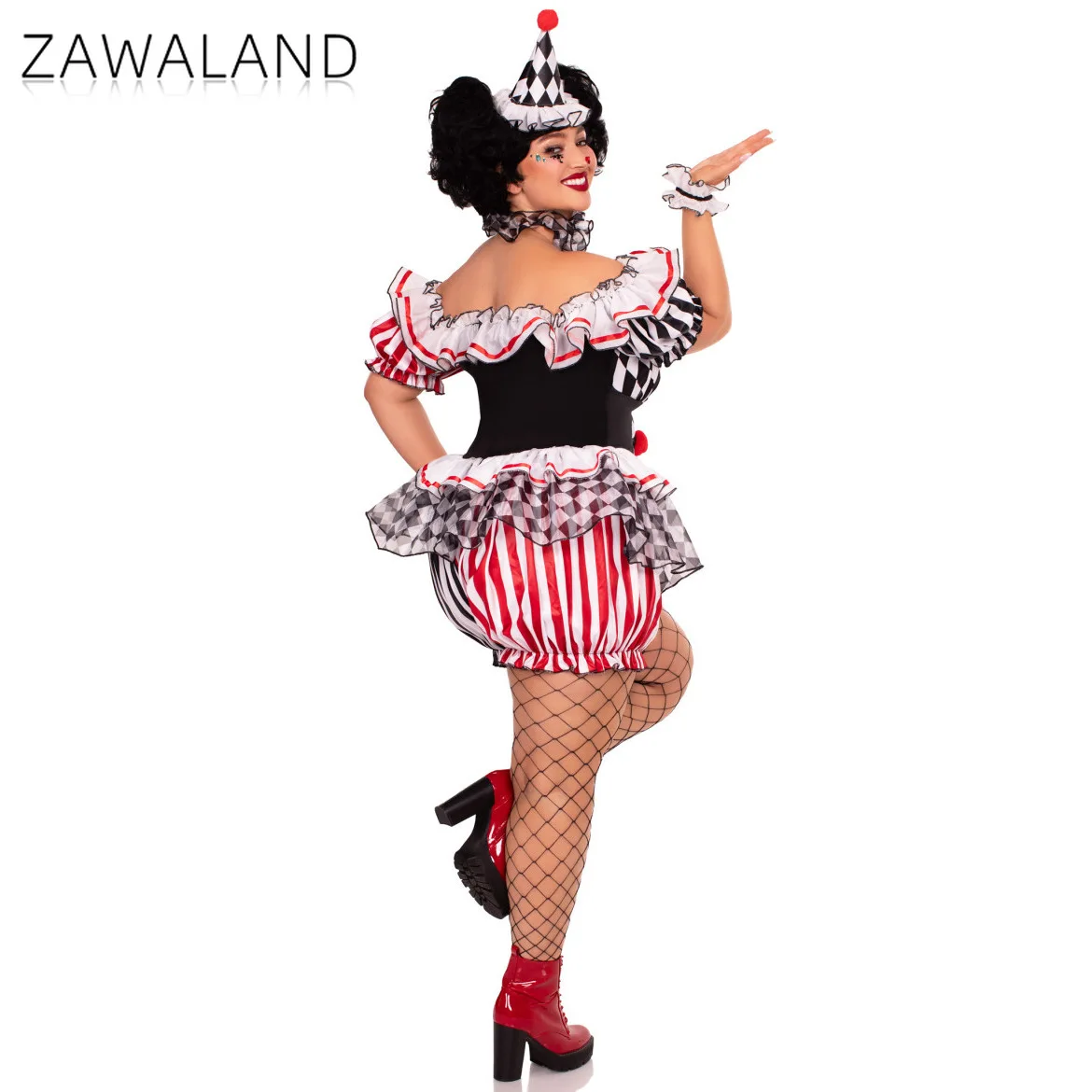Schwarz Weiß Plaid Clown Cosplay Kostüm Für Frau Off Schulter Puff Sleeve Kleidung Karneval Festival Party Leistung Outfits
