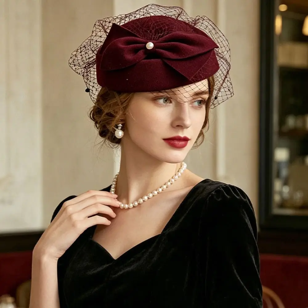 Vintage French Style Bow Fedora Hat Fedoras Pearls Mesh Topper Hat Air Hostess Dome Medicine Box Hat Live Show