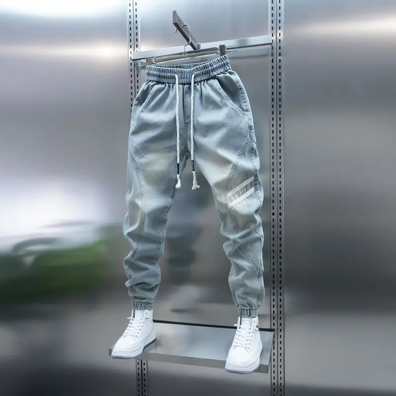 

Harajuku модные элитные брендовые потертые мужские весенне-осенние новые джинсы на шнурке синие повседневные брюки подростковые шаровары