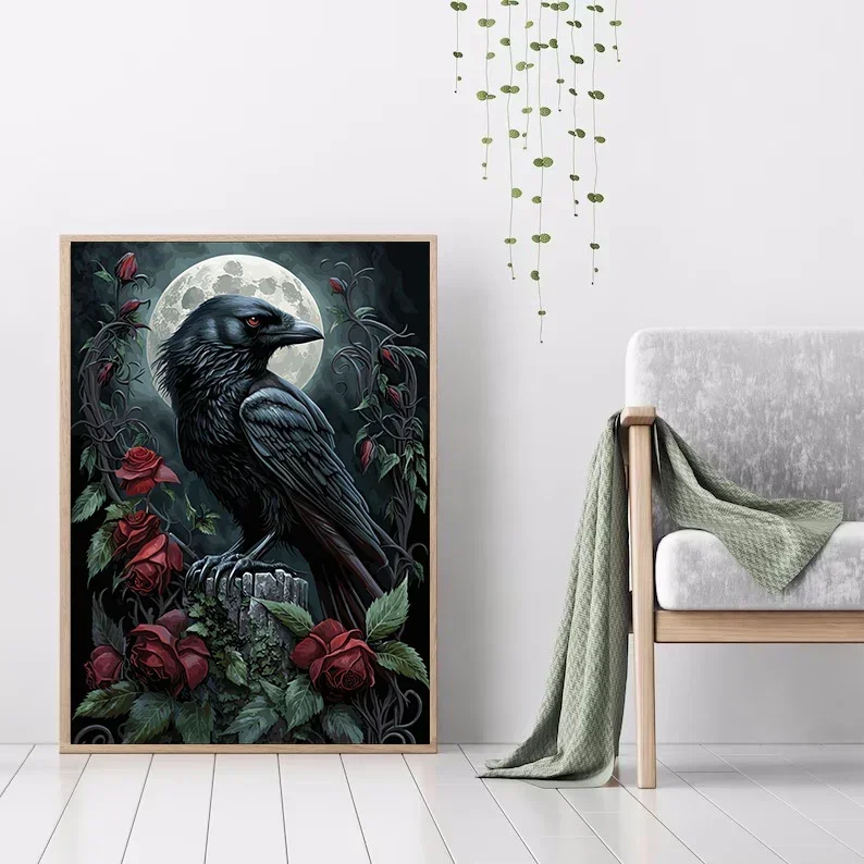 Frameless canvas paintings,Gothic Skull Raven Horror Art Poster Prints Dreadful Crow and Full Moon Canvas Painting Wall Art  for