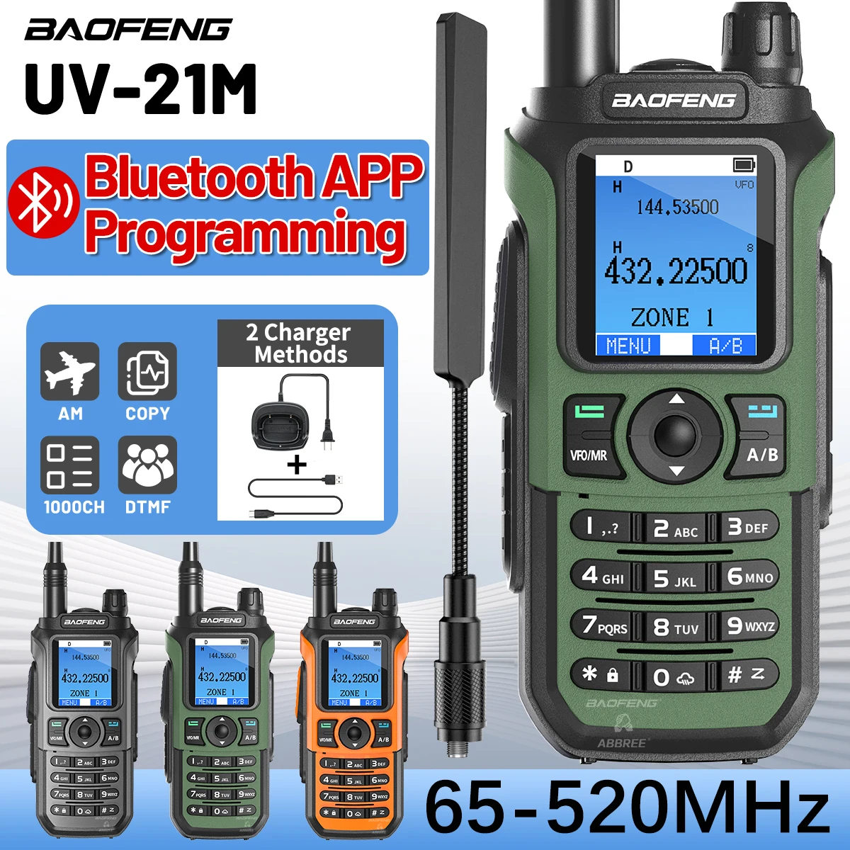 

Многодиапазонная рация BAOFENG UV-21M NOAA с приложением Bluetooth, 1000 каналов Type-C AM для UV-32 UV-21 PRO V2, двустороннее радио