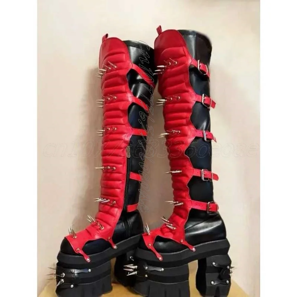 

Thick Sole Patchwork Knee High Boots Punk Style Pointy Rivets Footwear for Women Chuny High Heels Shoes2025 Zapatos Para Mujere
