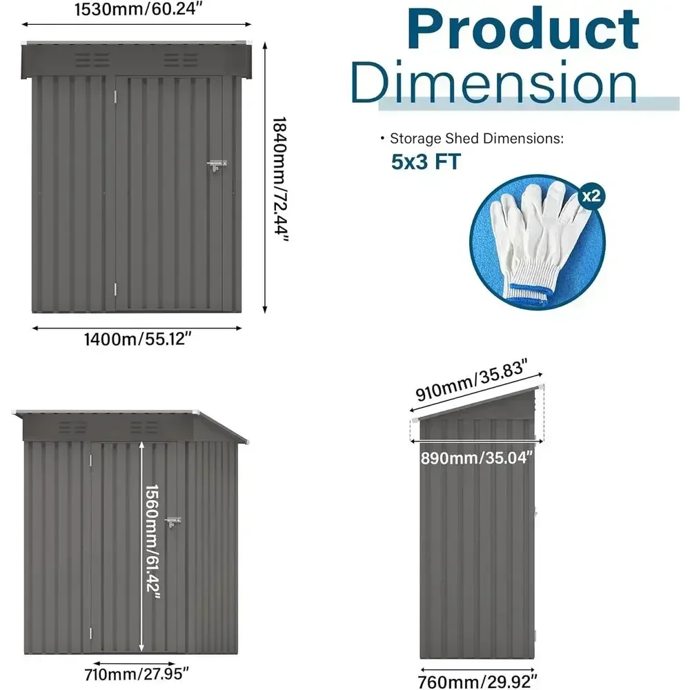 Gray 5x3 Outdoor Metal Storage Shed with Lockable Door, Sloped Roof & Air Vents for Backyard, Patio, Lawn