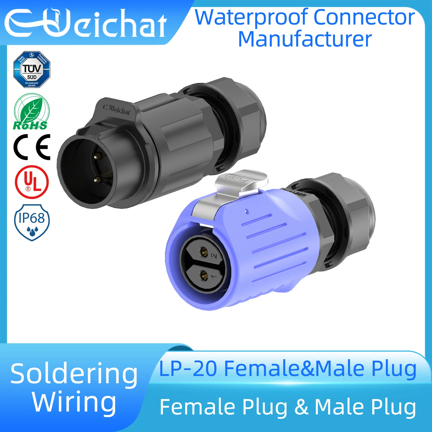 

LP20 IP68 Waterproof Connector 2-14 Pin Blue PBT Female Plug + Male Plug Aviation Industrial Circular Electrical Connector