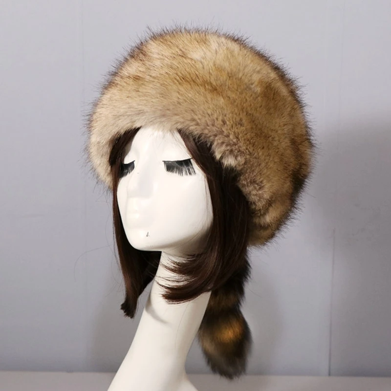 Winter Hat Faux Fur Raccoon Tail Russian Round Flat Top Ear Protects Thick Hat