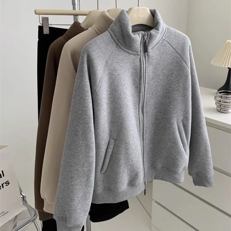 FIGOHR Winter Women's Thick Lamb Fleece Hoodie Basic Commuter Versatile Warm and Casual Stand up Collar Zipper cardigan