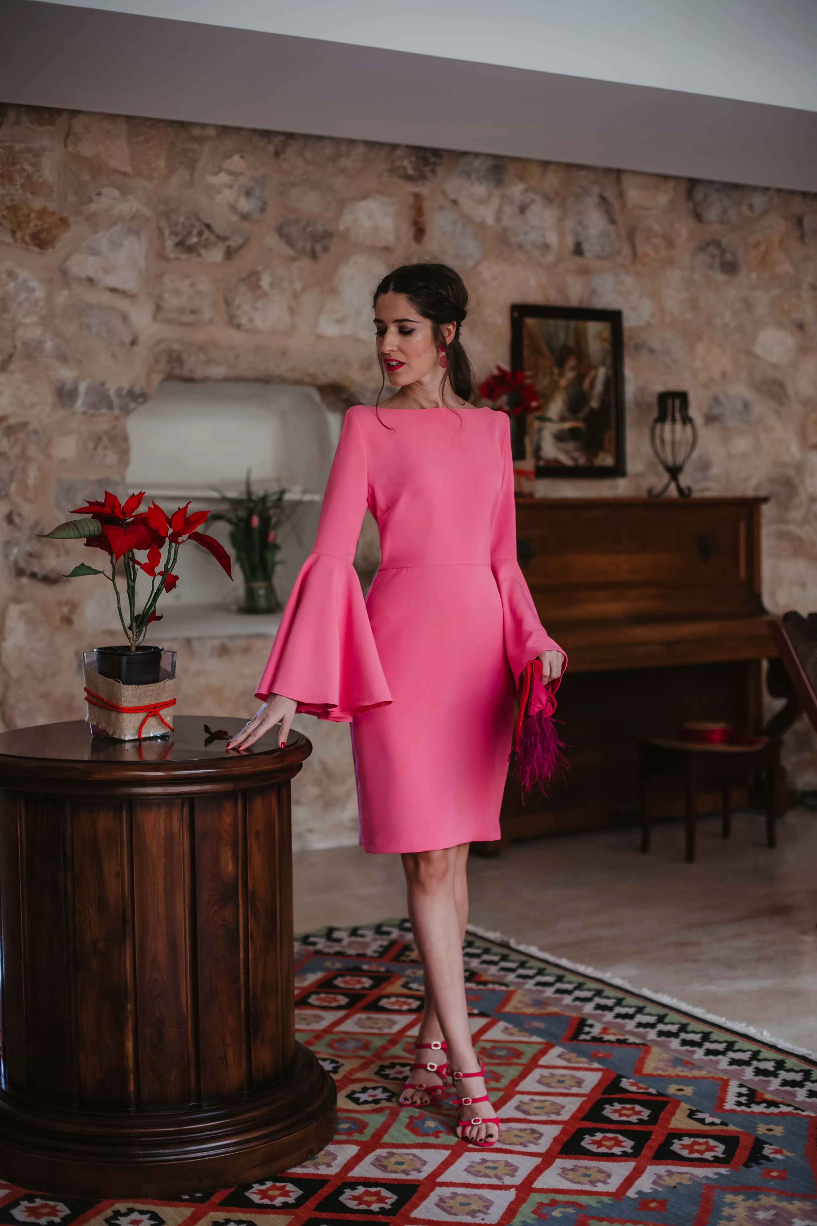 

Mother of The Bride Dresses Bateau Trumpet Long Sleeves Simple Hot Pink Wedding Party Guest Gowns Communion Wear Knee Length