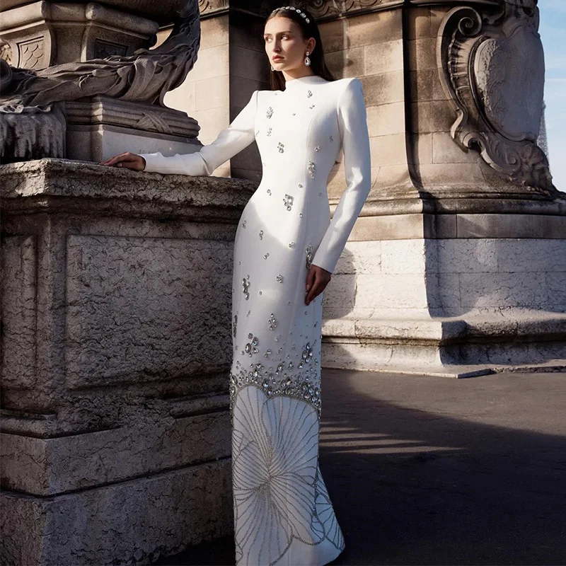 

Luxury White Mermaid Prom Birthday Dress High-Neck Long Sleeves Crystal Bedas Satin Formal Party Pageant Dresses Evening Gowns