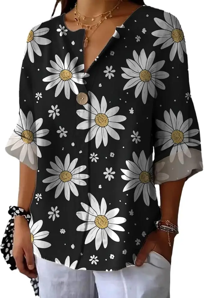 

2025 Women's Buttoned Flower Print Shirt Formal Comfortable and Versatile Casual V-Neck Women's Shirt
