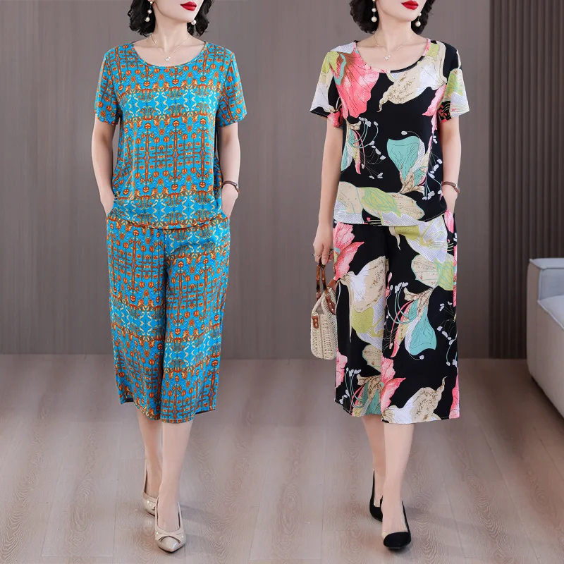 

Высококачественный европейский хлопковый шелковый комплект для мамы ort Sve, повседневный комплект из двух предметов для женщин в Гуанчжоу, тринадцате лицо